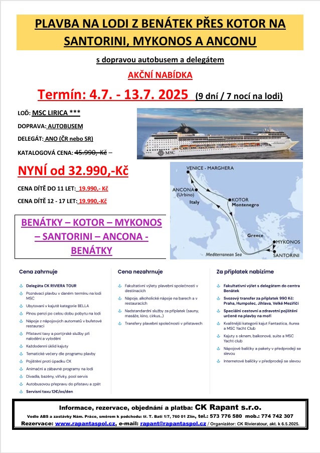 04.07.-13.07.2025 PLAVBA NA LODI Z BENÁTEK PŘES KOTOR NA SANTORINI, MYKONOS A ANCONU